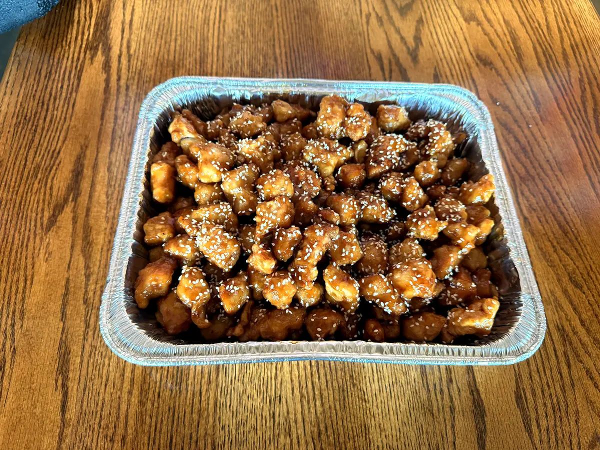 Sesame chicken catering tray prepared by Autumn Court in Phoenix